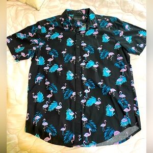 No Boundaries Hawaiian Shirt for Men Black with Pink Flamingos Size Medium